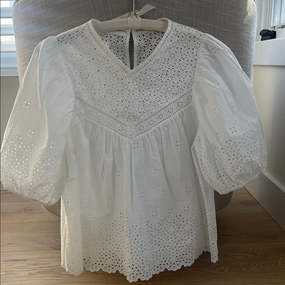 Ulla Johnson White Eyelet Puff-Sleeve Blouse - Picture 6 of 13